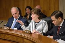 Chairman Susan M. Collins leads the committee in the questioning of a hearing witness.